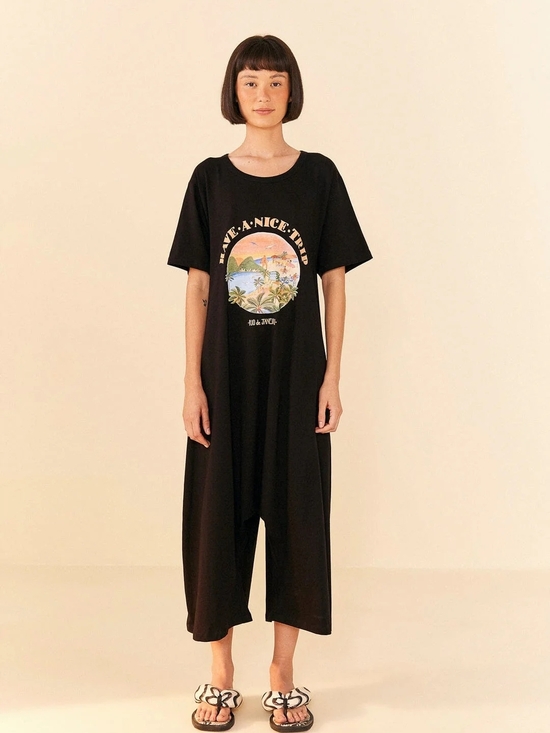 FARM Rio Pants - FARM Rio Black Graphic Jumpsuit with Sunset Print